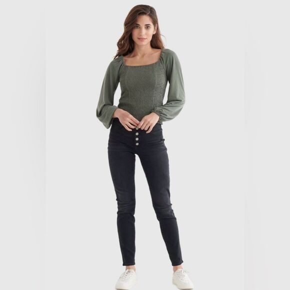 Lucky Brand Womens Size Medium Olive Green Smocked Square Neck Knit Long Sleeve - Picture 5 of 15